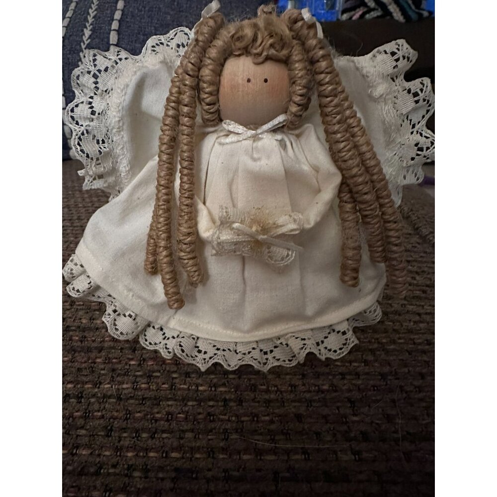 Handcrafted Lace Angel Doll With Curly Hair & Wooden Face White Dress & Lace Det